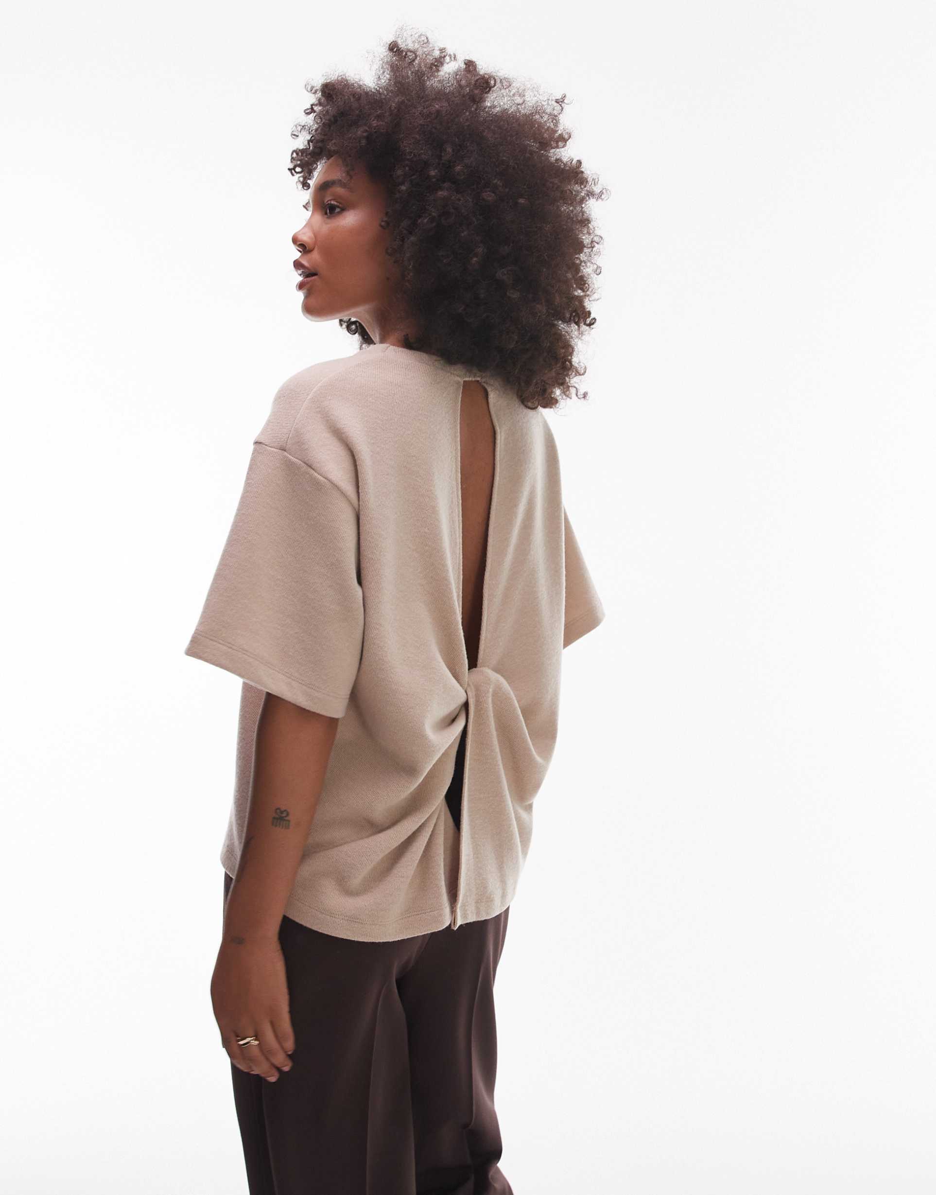 asos design soft touch oversized t-shirt with twist back detail in light taupe
