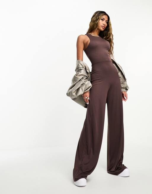 ASOS DESIGN soft touch racer neck jumpsuit with wide leg in