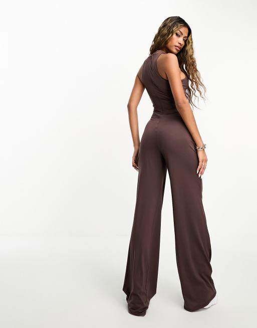 Petite Black Ribbed Strappy Square Neck Flared Jumpsuit