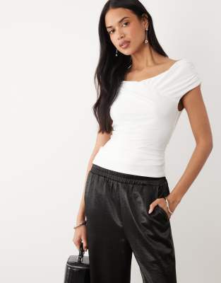 Asos Design Soft Touch Ruched Shoulder Grazer Top In White