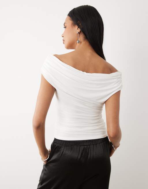 ASOS DESIGN soft touch ruched shoulder grazer top in white, 4 of 4
