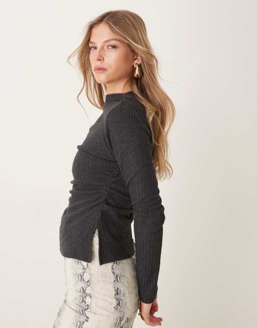ASOS DESIGN soft touch ruched side high neck rib top in dark grey marl