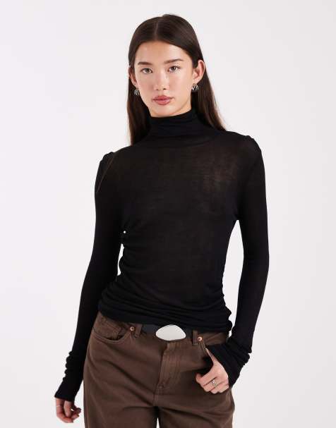 ASOS DESIGN soft touch ruched side high neck top in black  - view 1