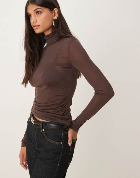 ASOS DESIGN soft touch ruched side high neck top in brown  - view 1