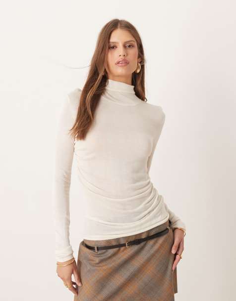 ASOS DESIGN soft touch ruched side high neck top in cream  - view 1