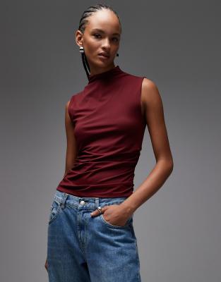 ASOS DESIGN soft touch ruched side sleeveless tank top in burgundy-Red