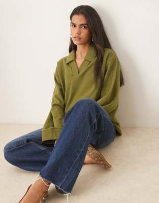 Asos Design Soft Touch Rugby Collar Long Sleeve Tee In Green