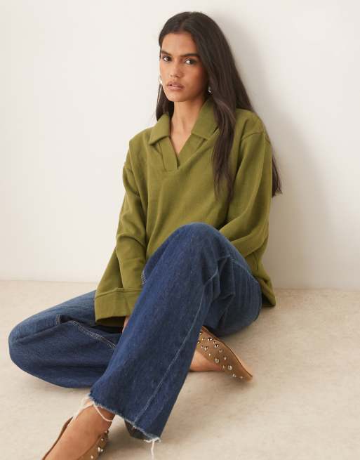 ASOS DESIGN soft touch rugby collar long sleeve tee in khaki