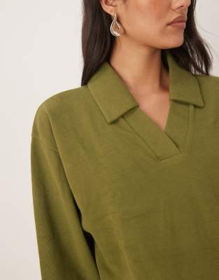 Asos Design Soft Touch Rugby Collar Long Sleeve Tee In Green