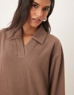 Asos Design Soft Touch Rugby Collar Long Sleeve Tee-brown