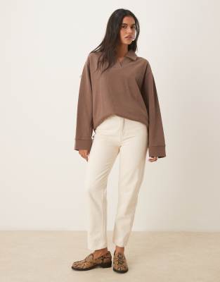 Asos Design Soft Touch Rugby Collar Long Sleeve Tee-brown In Brown