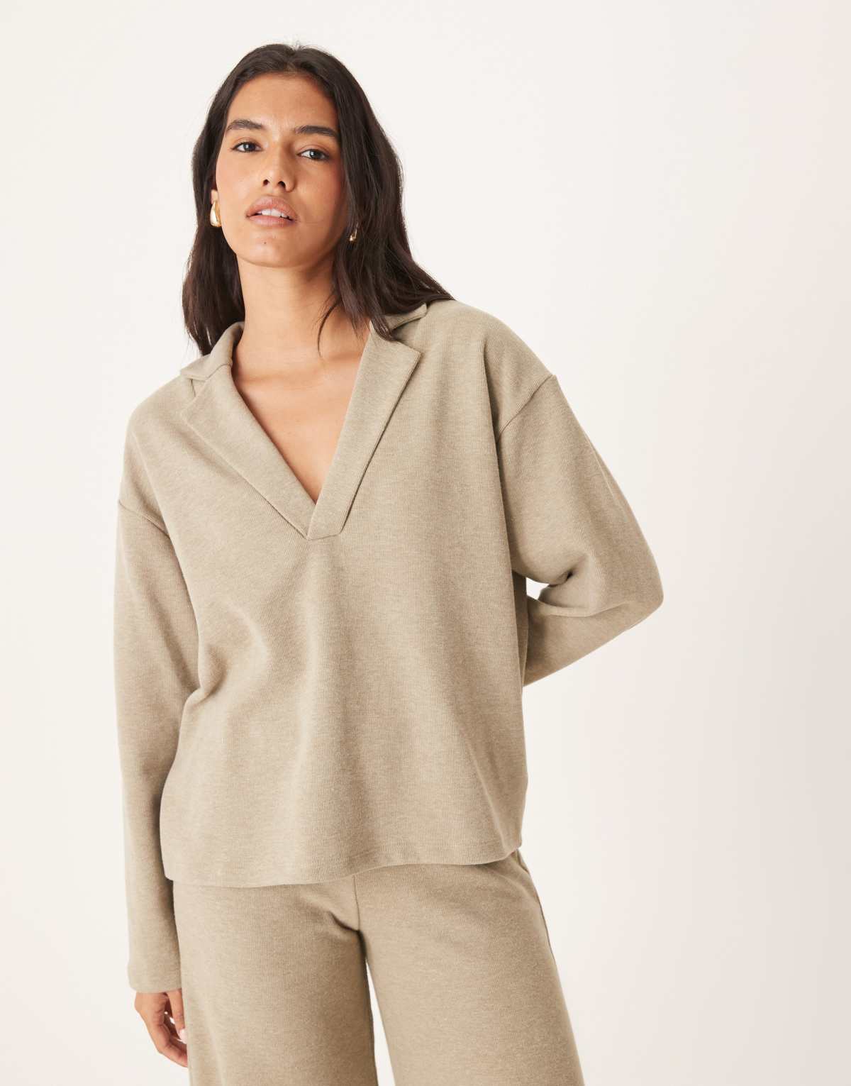 ASOS DESIGN soft touch rugby collar long sleeve top in taupe marl