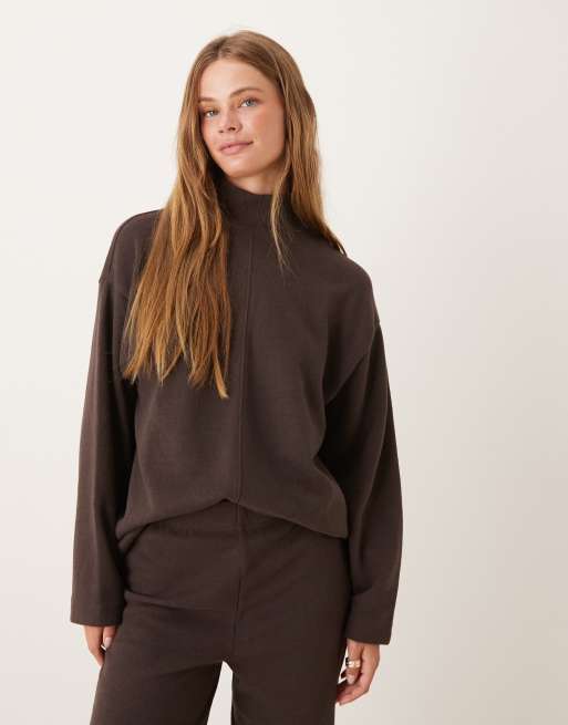 ASOS DESIGN soft touch seam front longline roll neck co-ord in - CHOCOLATE