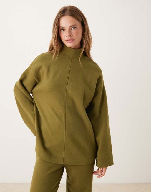 ASOS DESIGN soft touch seam front longline roll neck co-ord in - KHAKI