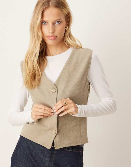 ASOS DESIGN soft touch sleeveless button through tee in stone