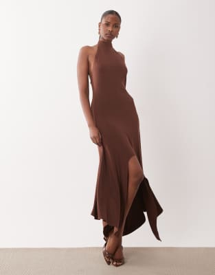 Asos Design Soft Touch Slinky Hanky Hem Dress With High Neck Cowl Detail In Brown