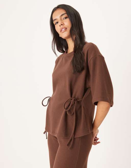 ASOS DESIGN soft touch tie side tee co-ord in dark chocolate