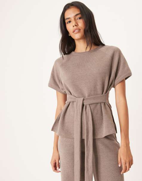 ASOS DESIGN soft touch tie waist short sleeve tee in chocolate - view 1