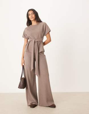 Asos Design Soft Touch Tie Waist Short Sleeve Tee In Brown