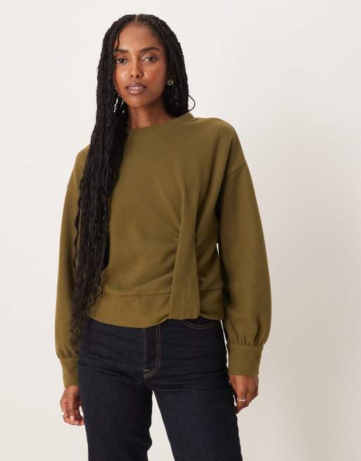 ASOS DESIGN soft touch tuck detail long top in dark olive