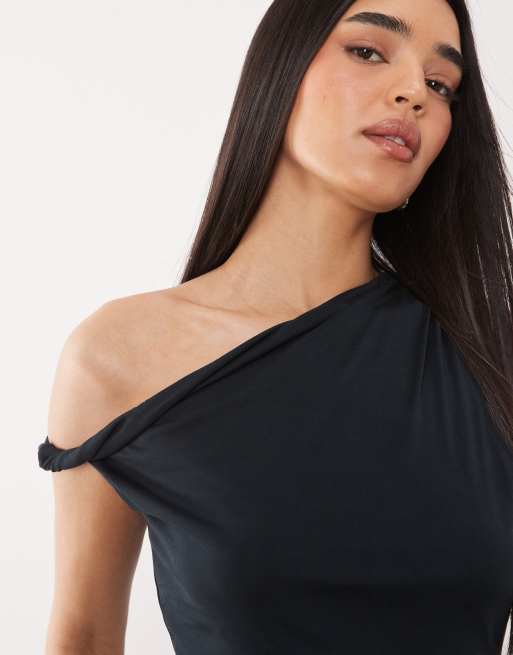 ASOS DESIGN soft touch twist off shoulder top in black, 3 of 4
