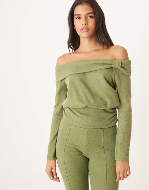 ASOS DESIGN soft touch twist shoulder detail long sleeve co-ord in khaki - view 1