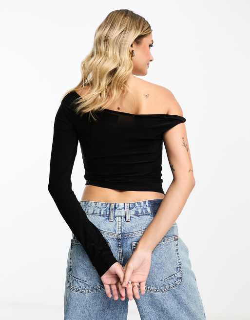 ASOS DESIGN low back slash neck top with contrast binding in black