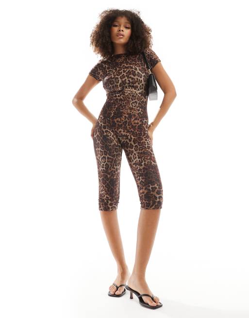 FhyzicsShops DESIGN soft touch unitard with open back and 3/4 length pants in leopard print