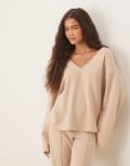 [ASOS DESIGN] ASOS DESIGN soft touch v neck long sleeve top in light taupe-Neutral L Light taupe