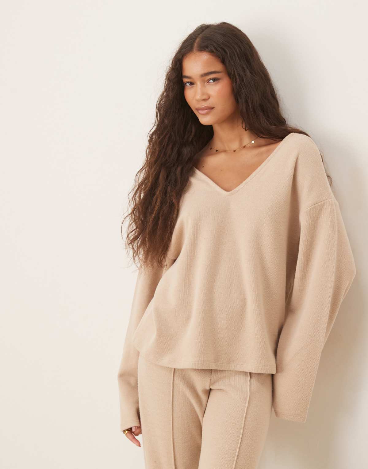 ASOS DESIGN soft touch v neck long sleeve top in light taupe