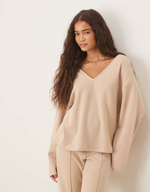 ASOS DESIGN soft touch v neck long sleeve top in light taupe