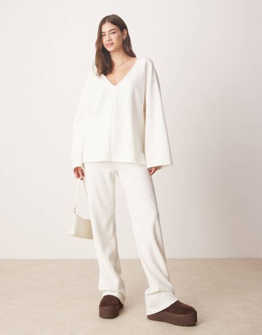ASOS DESIGN soft touch v neck oversized top in winter white (part of a set), 2 of 4