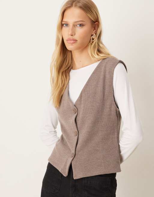 ASOS DESIGN soft touch waistcoat button through tee in mocha