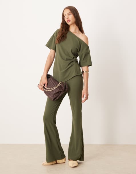 ASOS DESIGN soft touch wide leg pants in khaki - part of a set - view 1