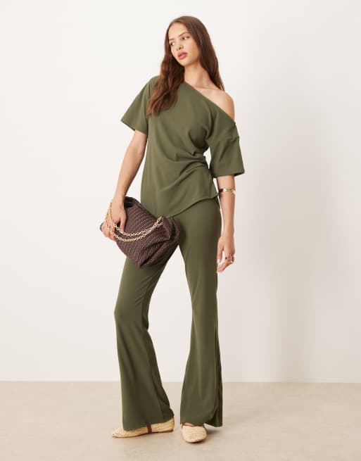 ASOS DESIGN soft touch wide leg pants in khaki - part of a set