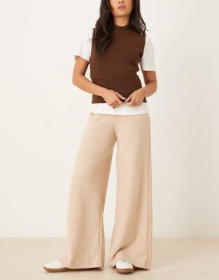 Asos Design Soft Touch Wide Leg Pants In Neutral