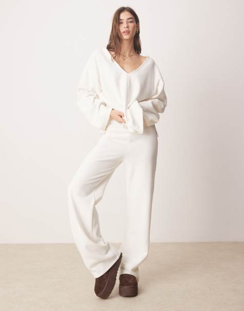 ASOS DESIGN soft touch wide leg pants in winter white (part of a set) - view 1