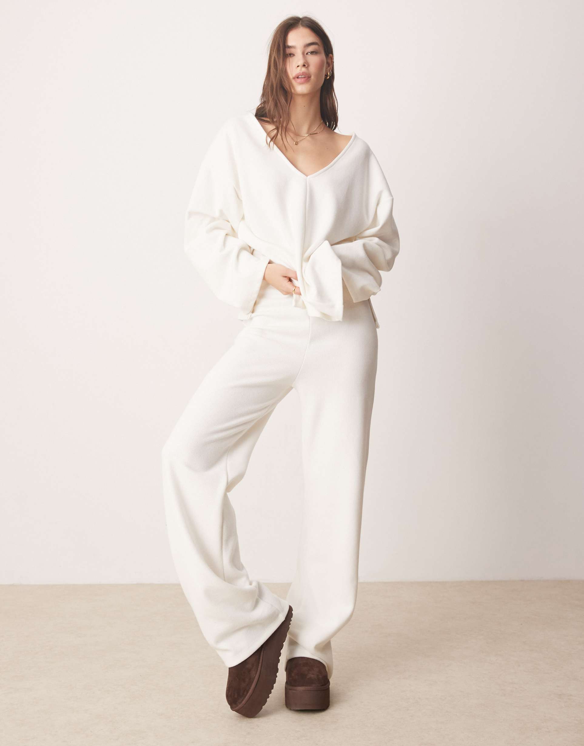 asos design soft touch wide leg pants in winter white - part of a set