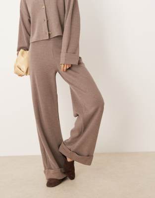 Asos Design Soft Touch Wide Leg Pants With Cuffed Hem In Brown