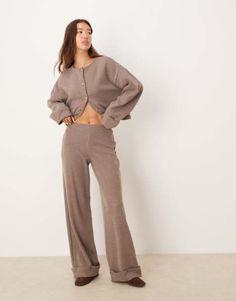ASOS DESIGN soft touch wide leg pants with turn up hem in mocha - view 1