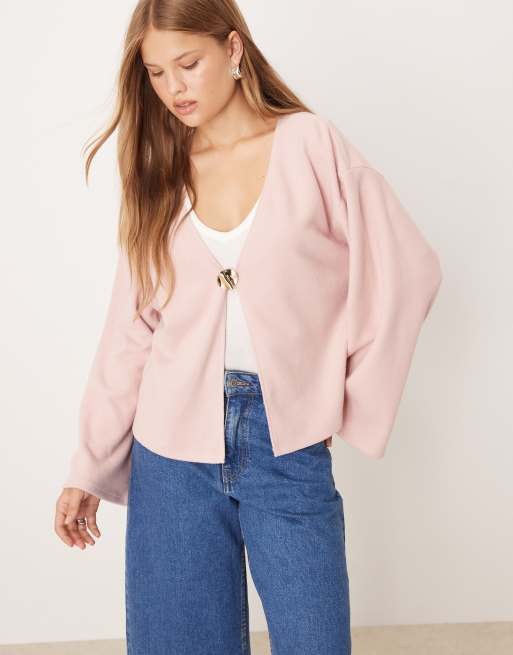 ASOS DESIGN soft touch wide sleeve hardware detail cardigan in light pink
