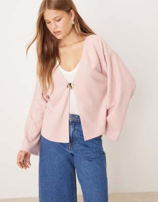 Asos Design Soft Touch Wide Sleeves Hardware Detail Cardigan In Pink