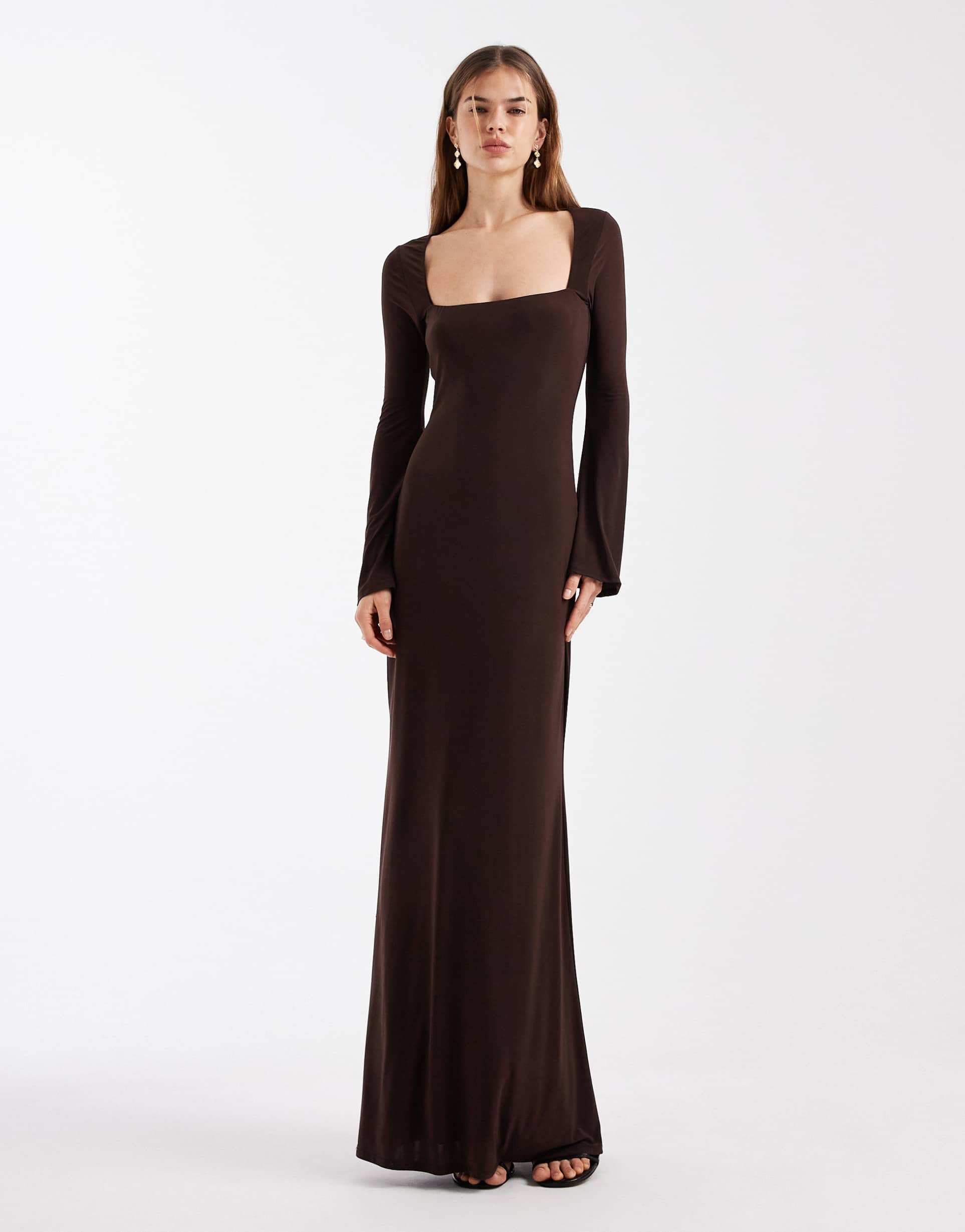 asos design soft touch wide square neck maxi dress in chocolate