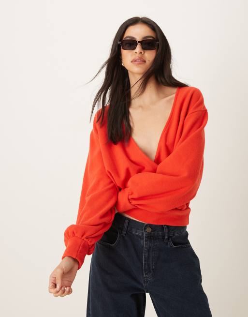 ASOS DESIGN soft touch wrap balloon sleeve top in red
