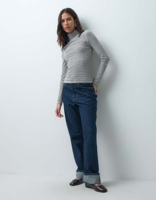 ASOS DESIGN  soft turtle neck long sleeve in khaki stripe, 3 of 4