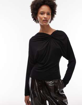 Asos Design Soft Twist Shoulder Long Sleeve Top In Black