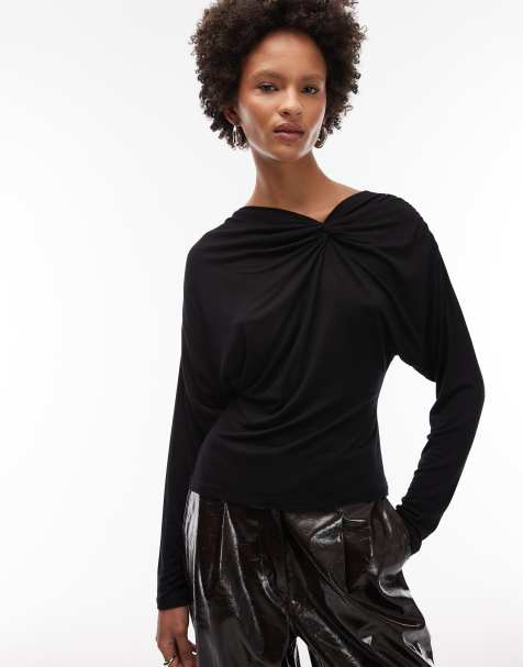 ASOS DESIGN soft twist shoulder long sleeve top in black - view 1