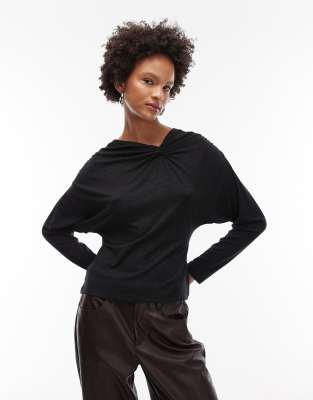 Asos Design Soft Twist Shoulder Long Sleeve Top In Gray