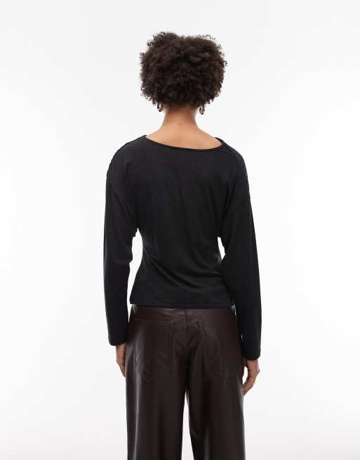 ASOS DESIGN soft twist shoulder long sleeve top in charcoal marl, 3 of 4