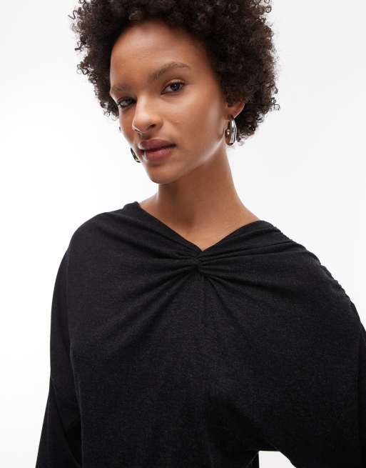 ASOS DESIGN soft twist shoulder long sleeve top in charcoal marl, 4 of 4